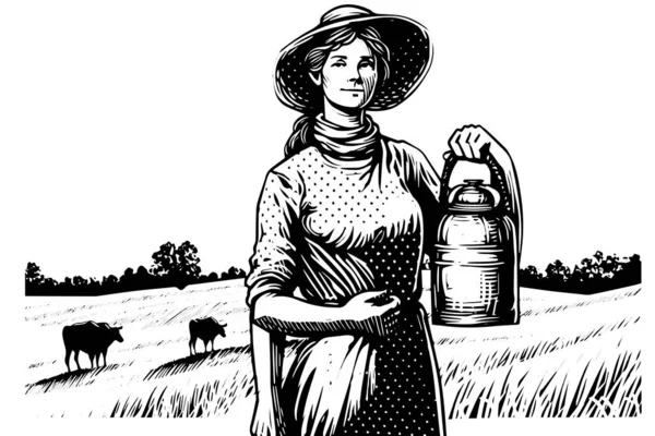 彫刻スタイルで畑で収穫する女性 描画インクスケッチベクターイラスト — ストックベクタ