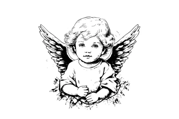 リトルエンジェルベクターレトロスタイル 黒と白のイラストを彫刻 翼を持つかわいい赤ん坊 — ストックベクタ