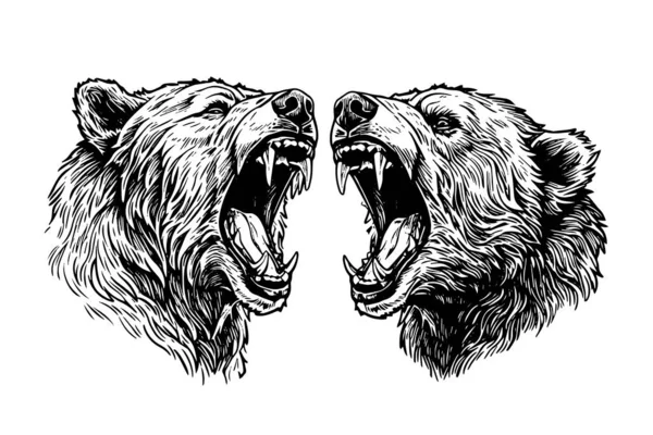 两只熊咆哮的头标识向量刻字风格图解 — 图库矢量图片