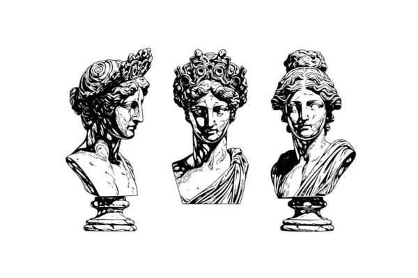 Set Antique Statue Head Greek Sculpture Sketch Engraving Style Vector — Stock Vector