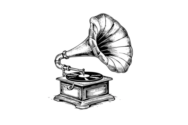 Retro Fonograf Gramofon Vintage Ryté Vektorové Ilustrace Kreslit Ručně Kreslené — Stockový vektor