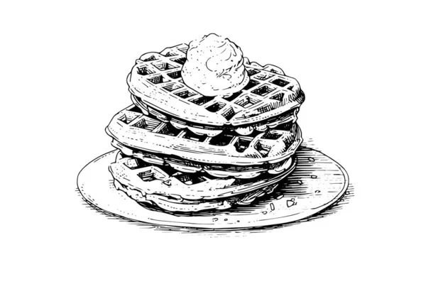 Waffles Com Desenho Tinta Desenhada Mão Sorvete Ilustração Vetorial Estilo —  Vetores de Stock