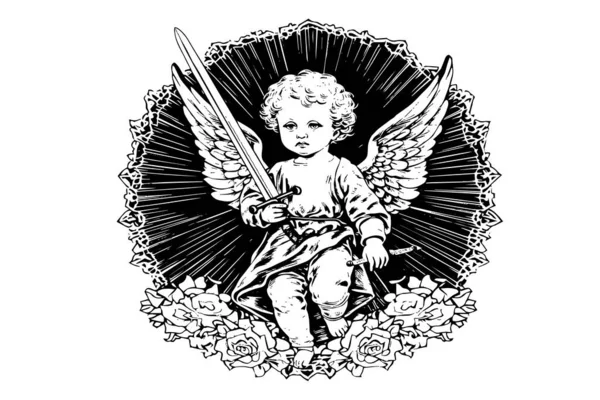 Маленький Ангел Мечом Рамке Стиле Ретро Гравировкой Черно Белой Иллюстрации — стоковый вектор