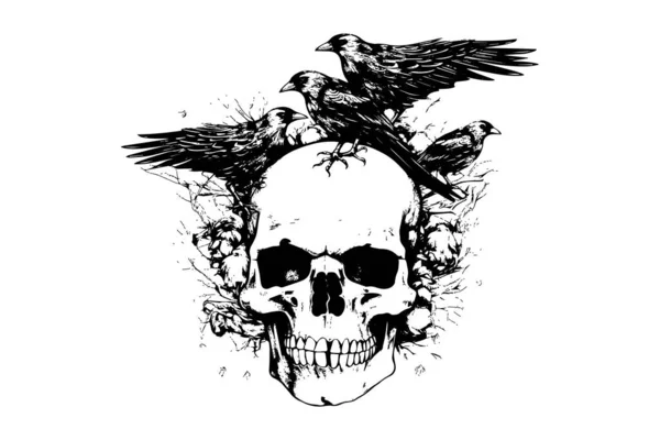Cráneo Humano Con Pájaros Estilo Xilografía Ilustración Boceto Grabado Vectorial — Vector de stock