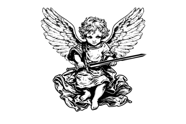 小天使带着剑矢量复古风格的雕刻黑白插图 可爱的有翅膀的宝宝 — 图库矢量图片