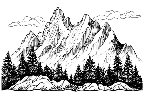 Tinta Desenhada Mão Esboço Montanha Com Pinheiros Paisagem Ilustração Vetor — Vetor de Stock