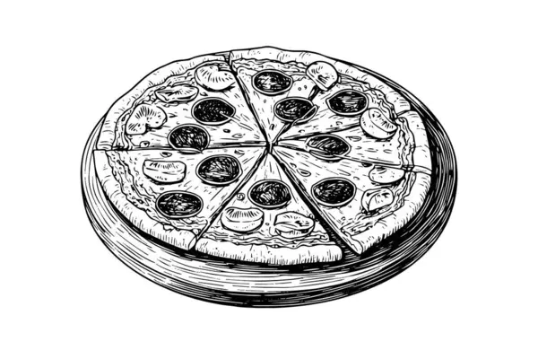 Szeletelt Pizza Vázlat Kézzel Rajzolt Gravírozás Stílus Vektor Illusztráció — Stock Vector