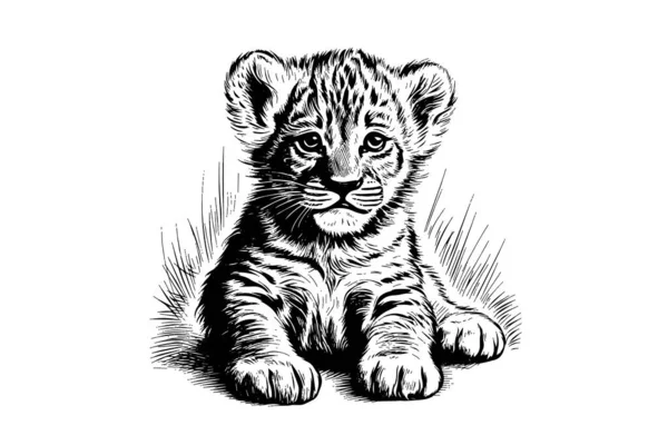 Baby Lion Χειροποίητη Απεικόνιση Για Τατουάζ Λογότυπο Σχέδιο Εμβλήματος Χαρακτική — Διανυσματικό Αρχείο