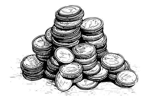 Montón Monedas Dinero Estilo Grabado Dibujo Tinta Dibujado Mano Ilustración — Vector de stock