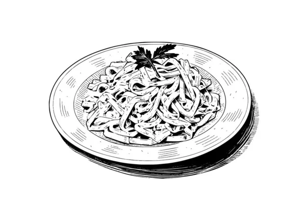 意大利面食 盘子里的意大利面 叉子上有意大利面矢量雕刻风格的插图 — 图库矢量图片