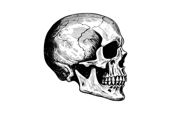 Lidská Lebka Ručně Kreslené Náčrtky Dřevořezu Stylu Vektorový Rytinový Náčrt — Stockový vektor