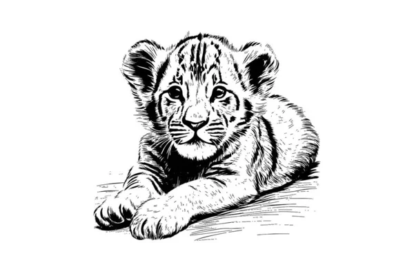 Baby Lejon Handritad Illustration För Tatuering Logotyp Emblem Design Gravyr — Stock vektor
