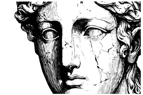 Cara Estatua Agrietada Escultura Griega Dibujado Mano Grabado Estilo Boceto — Archivo Imágenes Vectoriales