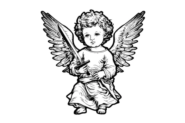 Little Angel Sword Vector Retro Style Engraving Black White Illustration — Stock Vector