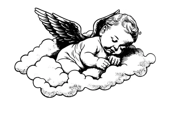 Esboço Gravura Desenhada Mão Pequeno Anjo Bonito Dormir Uma Nuvem —  Vetores de Stock