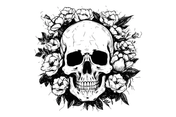 Human Skull Flower Frame Woodcut Style Vector Engraving Sketch Illustration — Stock Vector