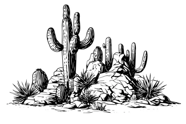 Lansekap Dengan Kaktus Dalam Gambar Vektor Gaya Engraving Ilustrasi Cactus - Stok Vektor