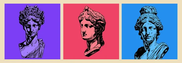 Set Von Farbe Antike Statue Kopf Der Griechischen Skulptur Skizze — Stockvektor