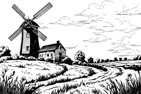 ウィンドミルと農場のある農村風景 彫刻スタイルの手描きベクターイラスト — ストックベクタ