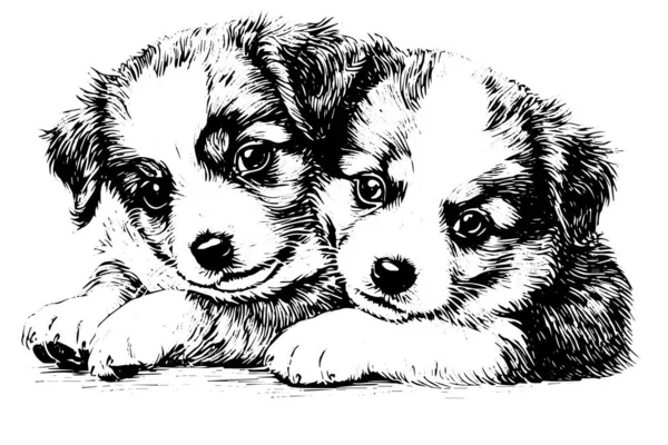 可爱的小狗狗手绘水墨画 雕刻风格的狗矢量图解 — 图库矢量图片