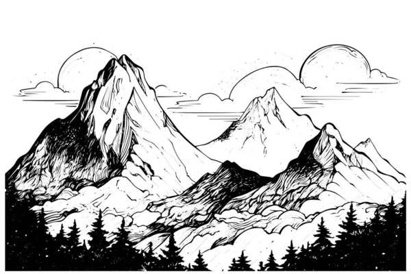 Tinta Desenhada Mão Esboço Montanha Com Pinheiros Paisagem Ilustração Vetor — Vetor de Stock