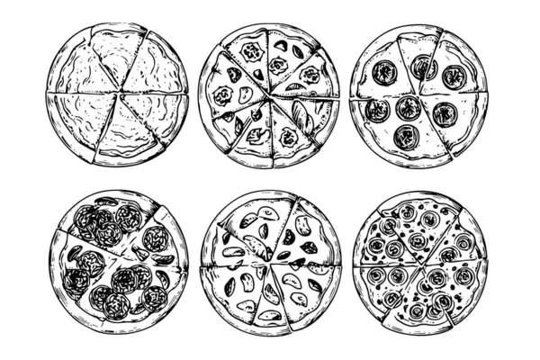 Zestaw Włoskiej Pizzy Szkic Ręcznie Rysowane Grawerowanie Styl Wektor Ilustracji — Wektor stockowy