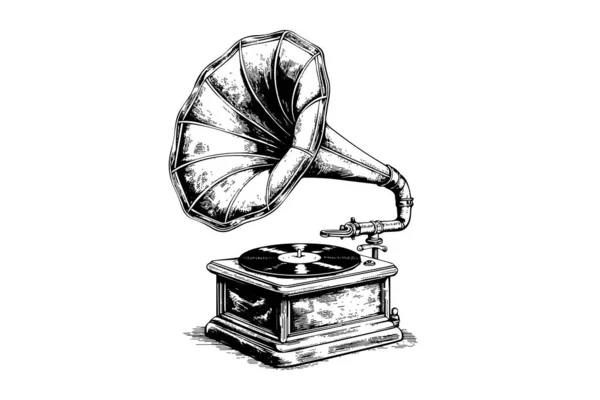 Retro Gramofon Gramofon Vintage Grawerowane Wektor Ilustracji Szkic Ręcznie Rysowane — Wektor stockowy