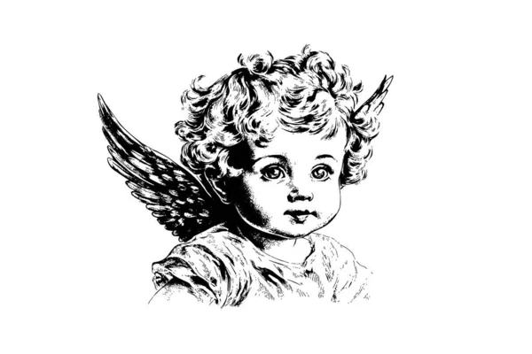 Μικρό Αγγελούδι Διάνυσμα Ρετρό Στυλ Χαρακτική Ασπρόμαυρη Εικόνα Χαριτωμένο Μωρό — Διανυσματικό Αρχείο
