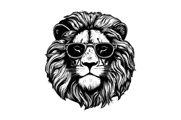 Lví Hlava Brýlích Ručně Kreslit Vinobraní Gravírování Černé Bílé Vektorové — Stockový vektor