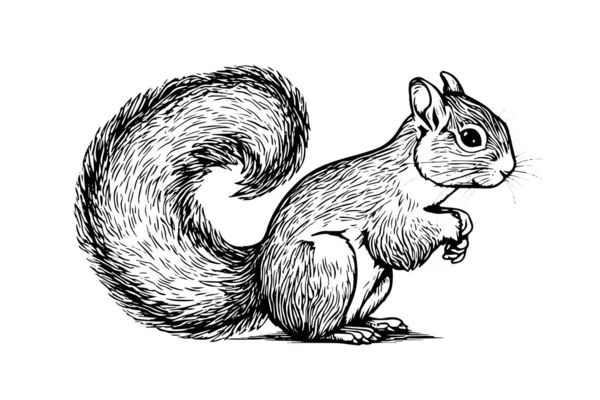 Eichhörnchen Sitzende Tinte Skizze Handgezeichnet Gravierten Stil Vector Illustration — Stockvektor