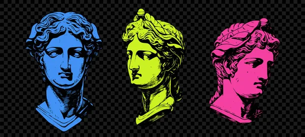 Set Colore Antico Statua Testa Scultura Greca Schizzo Incisione Stile — Vettoriale Stock