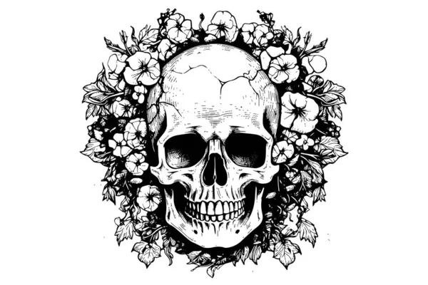 Human Skull Flower Frame Woodcut Style Vector Engraving Sketch Illustration — Stock Vector