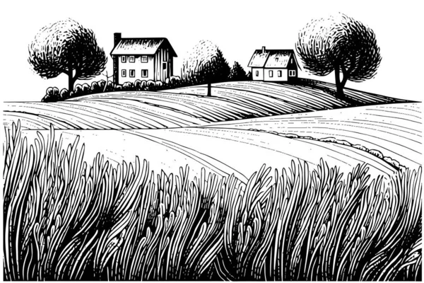 Сельский Пейзаж Фермой Стиле Гравировки Векторная Иллюстрация — стоковый вектор