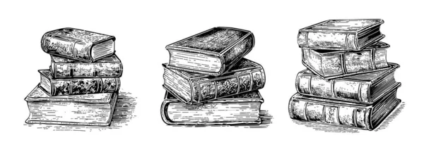 Skica Rytiny Stohu Knih Set Ručně Kreslené Vektorové Ilustrační Balení — Stockový vektor