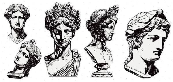 Set Von Antiken Statuen Kopf Der Griechischen Skulptur Skizze Gravur — Stockvektor