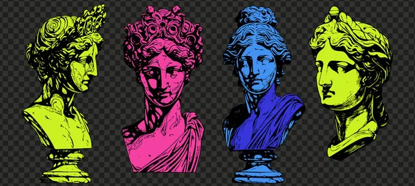 Set Van Kleuren Antiek Standbeeld Hoofd Van Griekse Sculptuur Schets — Stockvector