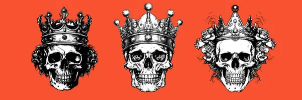 手工绘制的骷髅肖像 头戴皇冠 为您的时装设计提供矢量包装摇滚插图 — 图库矢量图片