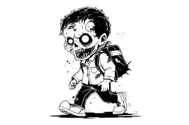 Sırt çantalı, mürekkep çizimli bir zombi. İşleme biçiminde vektör illüstrasyonu