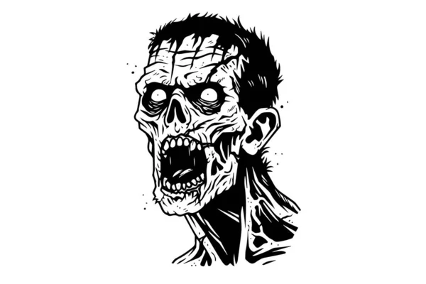 Zombie Hlava Ručně Kreslený Inkoust Skica Vektorová Ilustrace Stylu Rytí — Stockový vektor