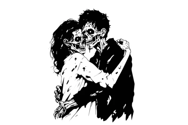 Zombie Amore Match Coppia Disegnato Mano Inchiostro Schizzo Donna Uomo — Vettoriale Stock
