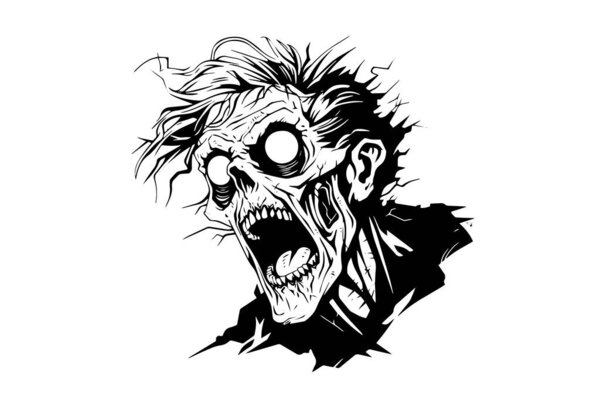 Zombie head hand drawn ink sketch. Vector illustration in engraving style