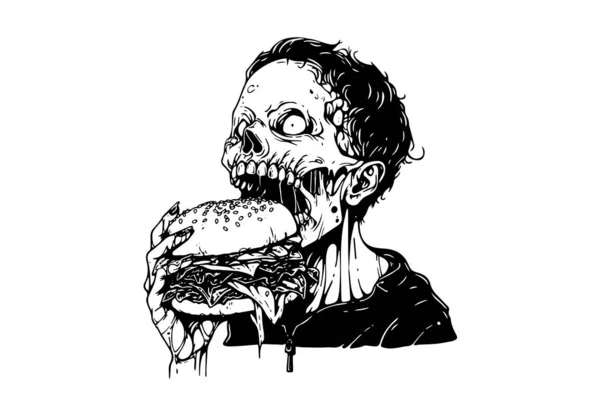 Zombie Mangiare Hamburger Mano Disegnato Schizzo Inchiostro Illustrazione Vettoriale Stile — Vettoriale Stock