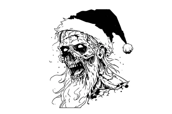 Zombie Père Noël Tête Dessinée Main Croquis Encre Illustration Vectorielle — Image vectorielle