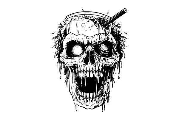Zombie Hlava Ručně Kreslený Inkoust Skica Vektorová Ilustrace Stylu Rytí — Stockový vektor