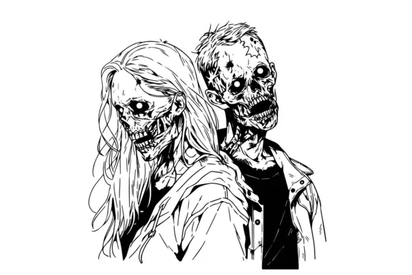 Zombie Amor Partido Par Dibujado Mano Boceto Tinta Mujer Hombre — Vector de stock