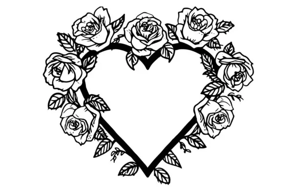 Roses Heart Frame Vintage Simple Line Art Hand Drawn Ink — Stock Vector