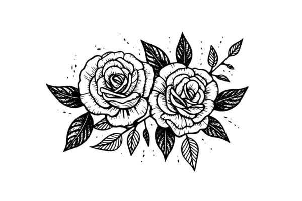 Elegante Rose Linea Vintage Semplice Art Schizzo Inchiostro Disegnato Mano — Vettoriale Stock