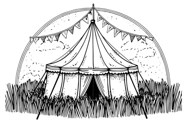 Bayrak el çizimi mürekkeple çizilmiş Retro Sirk çadırına. İşleme biçimi vektör illüstrasyonu