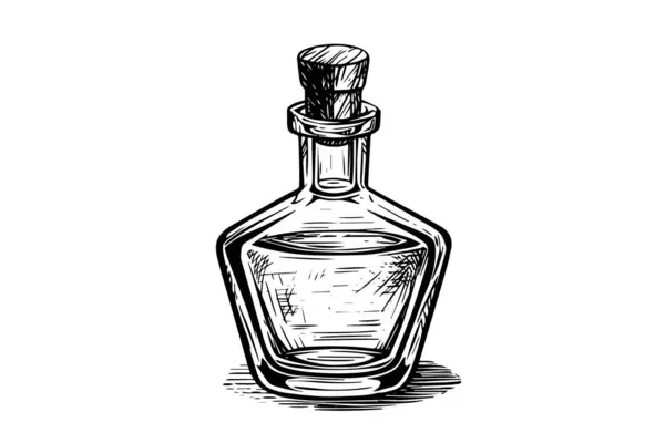 Flasche Mit Holzstopfen Handgezeichnete Tuschskizze Gravierte Vektor Illustration — Stockvektor