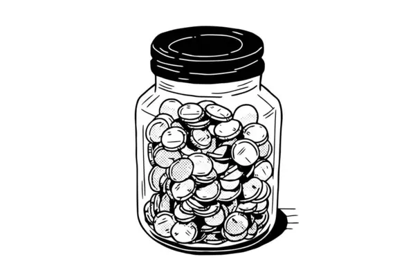 Full Jar Coin Hand Drawn Ink Sketch Engraved Vector Illistration — Stock Vector